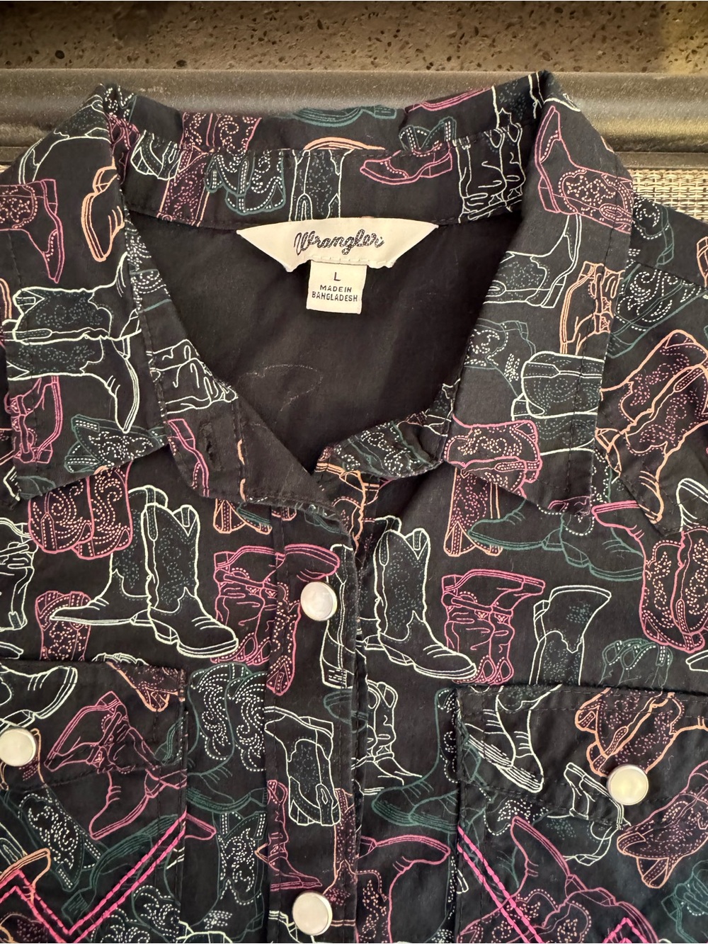 Wrangler Black Button-Up Shirt with Neon Boot Outline Print